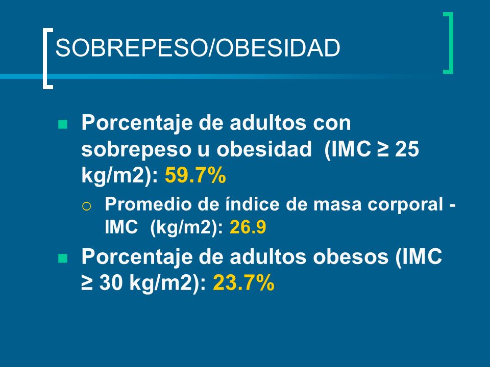 SOBREPESO/OBESIDAD Porcentaje de adultos con sobrepeso u obesidad (IMC ≥ 25 kg/m2): 59.7% Promedio de índice de masa corporal - IMC (kg/m2):