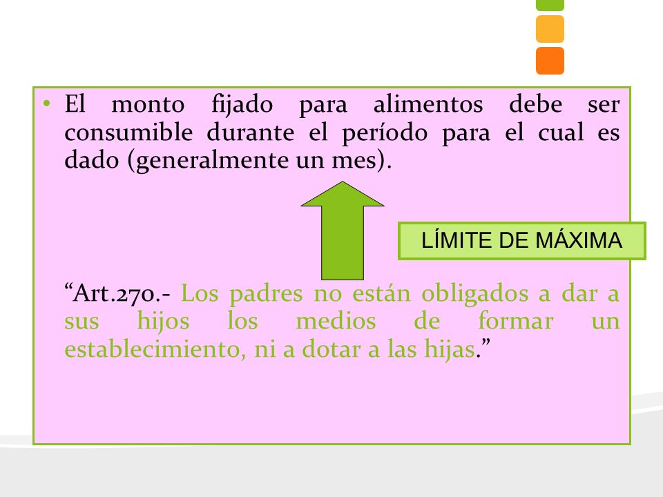 El monto fijado para alimentos debe ser consumible durante el período para el cual es dado (generalmente un mes).