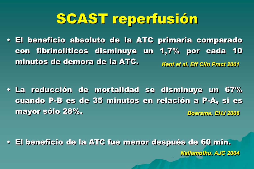SCAST reperfusión El beneficio absoluto de la ATC primaria comparado con fibrinolíticos disminuye un 1,7% por cada 10 minutos de demora de la ATC.