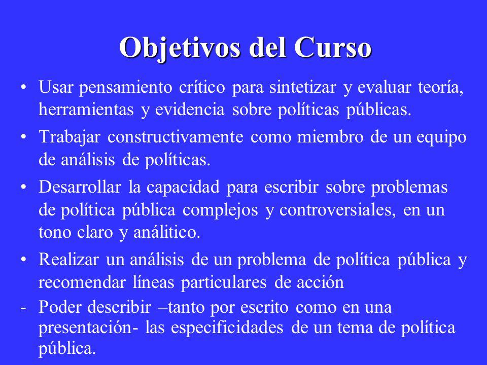 Objetivos del Curso Usar pensamiento crítico para sintetizar y evaluar teoría, herramientas y evidencia sobre políticas públicas.