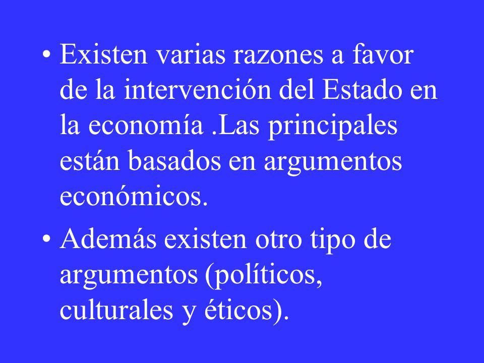 Existen varias razones a favor de la intervención del Estado en la economía .Las principales están basados en argumentos económicos.
