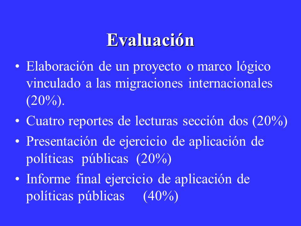 Evaluación Elaboración de un proyecto o marco lógico vinculado a las migraciones internacionales (20%).