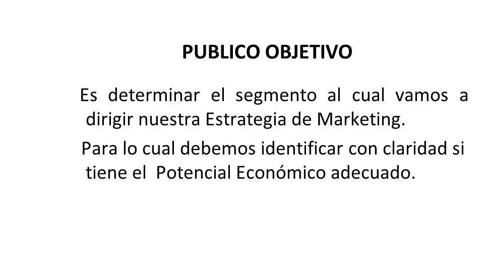 PUBLICO OBJETIVO Es determinar el segmento al cual vamos a dirigir nuestra Estrategia de Marketing.