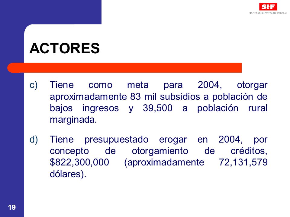 ACTORES Tiene como meta para 2004, otorgar aproximadamente 83 mil subsidios a población de bajos ingresos y 39,500 a población rural marginada.