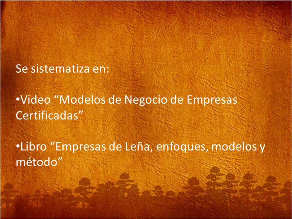 Se sistematiza en: Video Modelos de Negocio de Empresas Certificadas Libro Empresas de Leña, enfoques, modelos y método