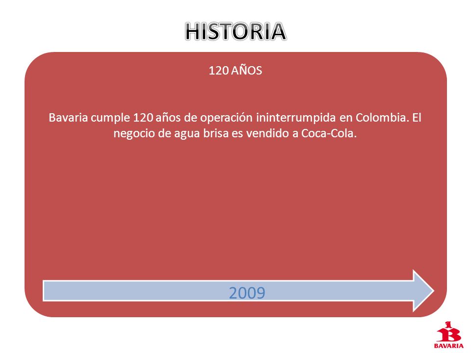 HISTORIA 120 AÑOS. Bavaria cumple 120 años de operación ininterrumpida en Colombia. El negocio de agua brisa es vendido a Coca-Cola.