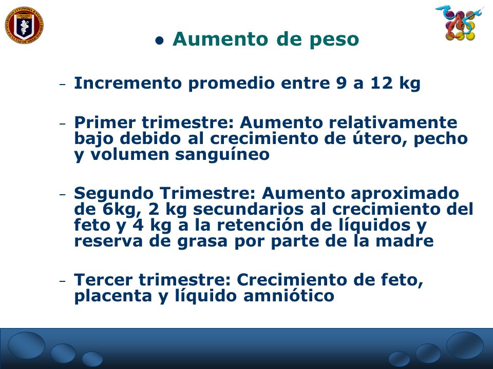 Aumento de peso Incremento promedio entre 9 a 12 kg