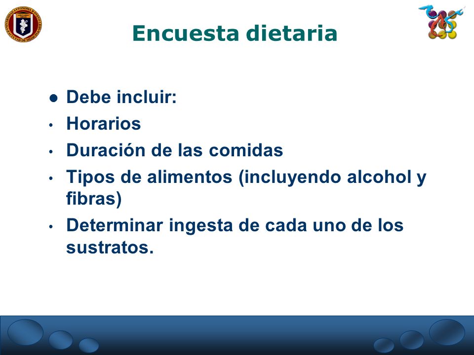 Encuesta dietaria Debe incluir: Horarios Duración de las comidas