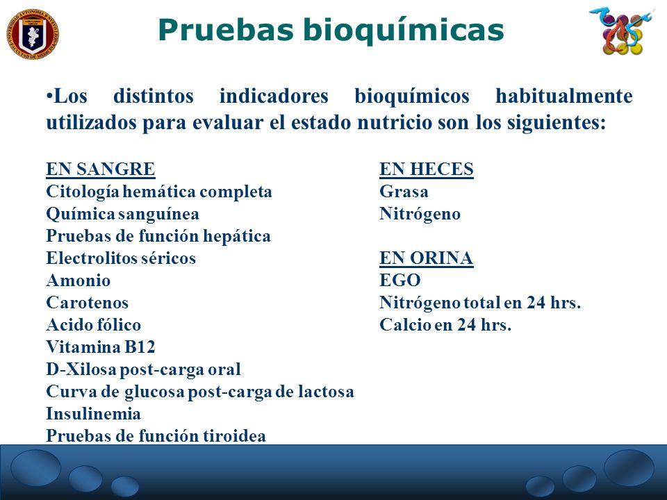 Pruebas bioquímicas Los distintos indicadores bioquímicos habitualmente utilizados para evaluar el estado nutricio son los siguientes: