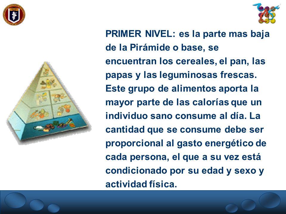 PRIMER NIVEL: es la parte mas baja de la Pirámide o base, se encuentran los cereales, el pan, las papas y las leguminosas frescas.