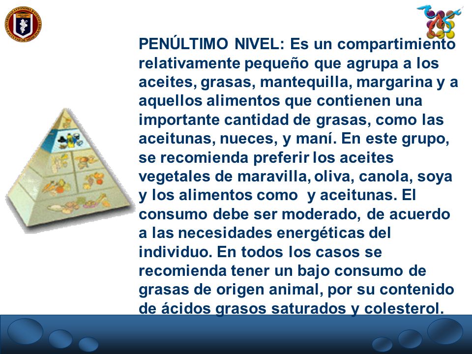 PENÚLTIMO NIVEL: Es un compartimiento relativamente pequeño que agrupa a los aceites, grasas, mantequilla, margarina y a aquellos alimentos que contienen una importante cantidad de grasas, como las aceitunas, nueces, y maní.