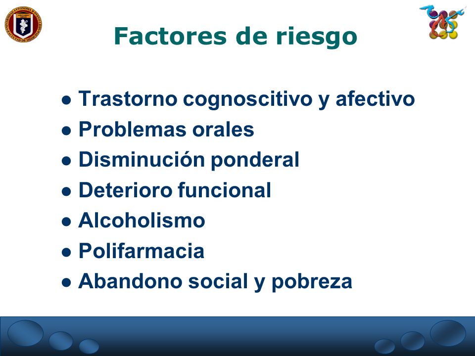Factores de riesgo Trastorno cognoscitivo y afectivo Problemas orales