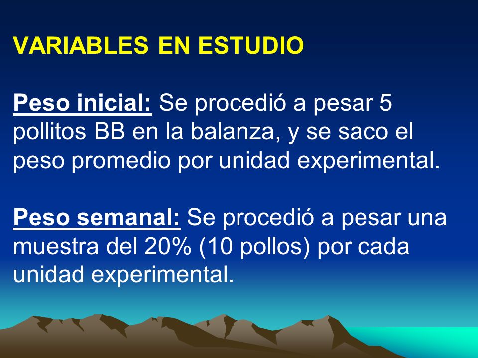 VARIABLES EN ESTUDIO Peso inicial: Se procedió a pesar 5 pollitos BB en la balanza, y se saco el peso promedio por unidad experimental.