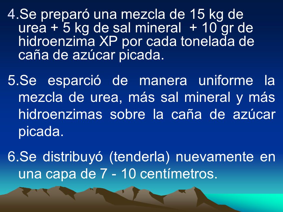 Se preparó una mezcla de 15 kg de urea + 5 kg de sal mineral + 10 gr de hidroenzima XP por cada tonelada de caña de azúcar picada.