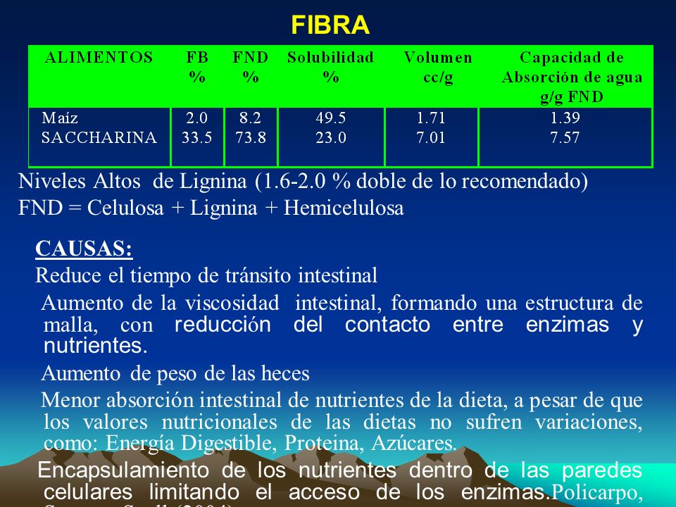 FIBRA Niveles Altos de Lignina ( % doble de lo recomendado)