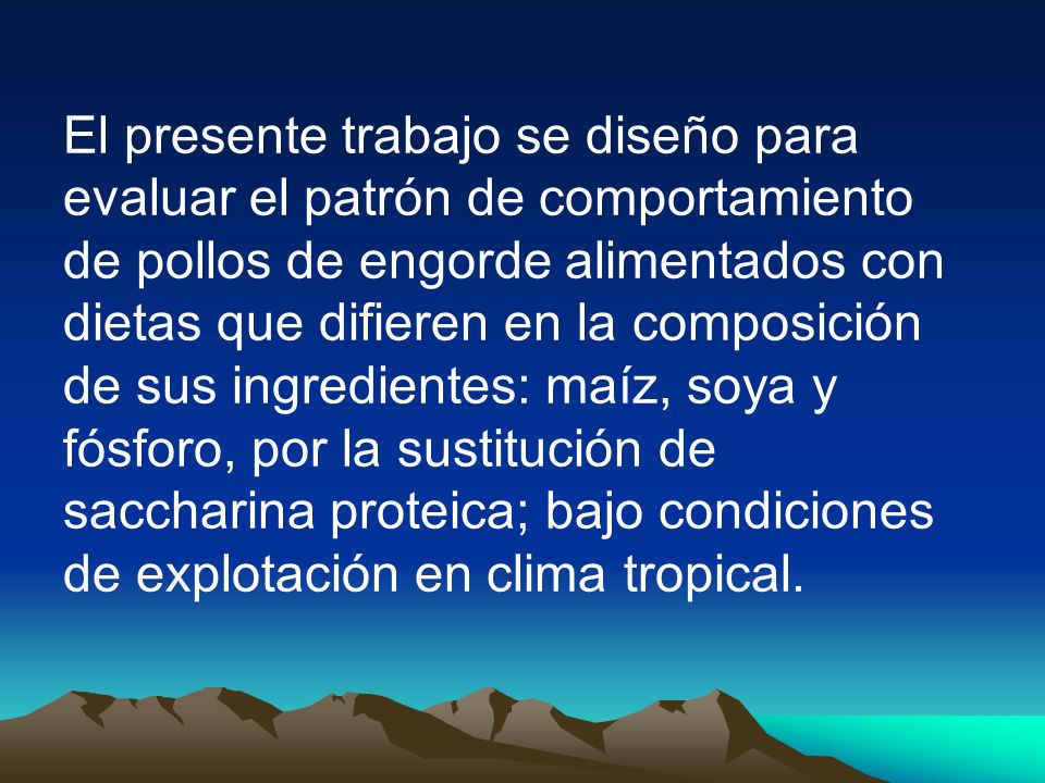 El presente trabajo se diseño para evaluar el patrón de comportamiento de pollos de engorde alimentados con dietas que difieren en la composición de sus ingredientes: maíz, soya y fósforo, por la sustitución de saccharina proteica; bajo condiciones de explotación en clima tropical.