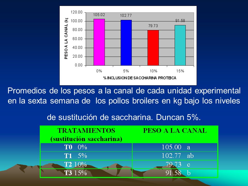 Promedios de los pesos a la canal de cada unidad experimental en la sexta semana de los pollos broilers en kg bajo los niveles de sustitución de saccharina.