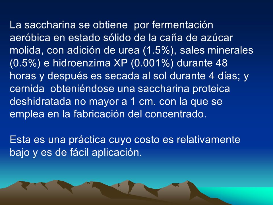 La saccharina se obtiene por fermentación aeróbica en estado sólido de la caña de azúcar molida, con adición de urea (1.5%), sales minerales (0.5%) e hidroenzima XP (0.001%) durante 48 horas y después es secada al sol durante 4 días; y cernida obteniéndose una saccharina proteica deshidratada no mayor a 1 cm.