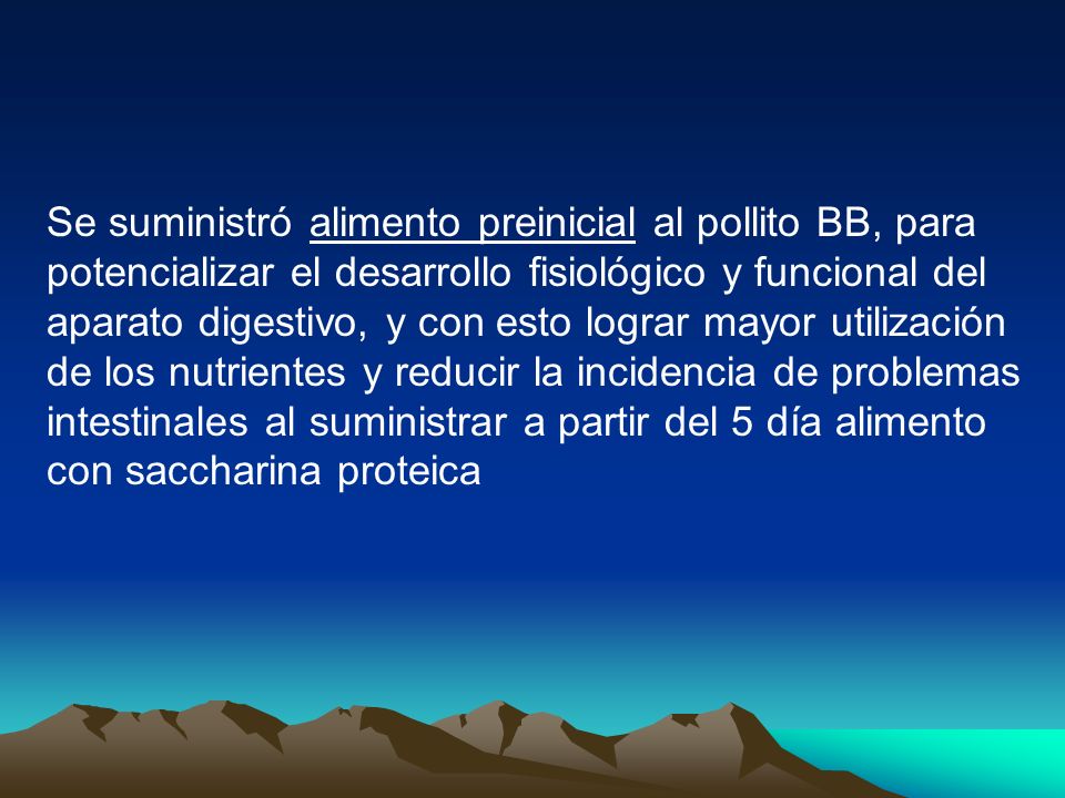 Se suministró alimento preinicial al pollito BB, para potencializar el desarrollo fisiológico y funcional del aparato digestivo, y con esto lograr mayor utilización de los nutrientes y reducir la incidencia de problemas intestinales al suministrar a partir del 5 día alimento con saccharina proteica