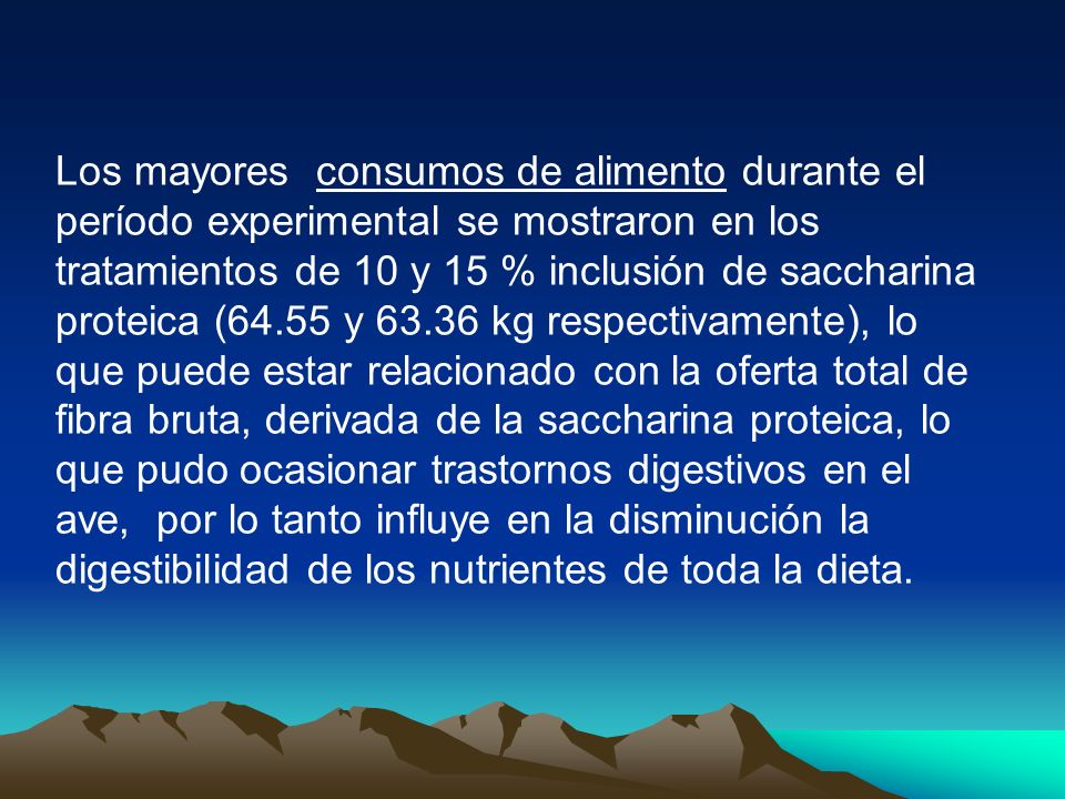 Los mayores consumos de alimento durante el período experimental se mostraron en los tratamientos de 10 y 15 % inclusión de saccharina proteica (64.55 y kg respectivamente), lo que puede estar relacionado con la oferta total de fibra bruta, derivada de la saccharina proteica, lo que pudo ocasionar trastornos digestivos en el ave, por lo tanto influye en la disminución la digestibilidad de los nutrientes de toda la dieta.