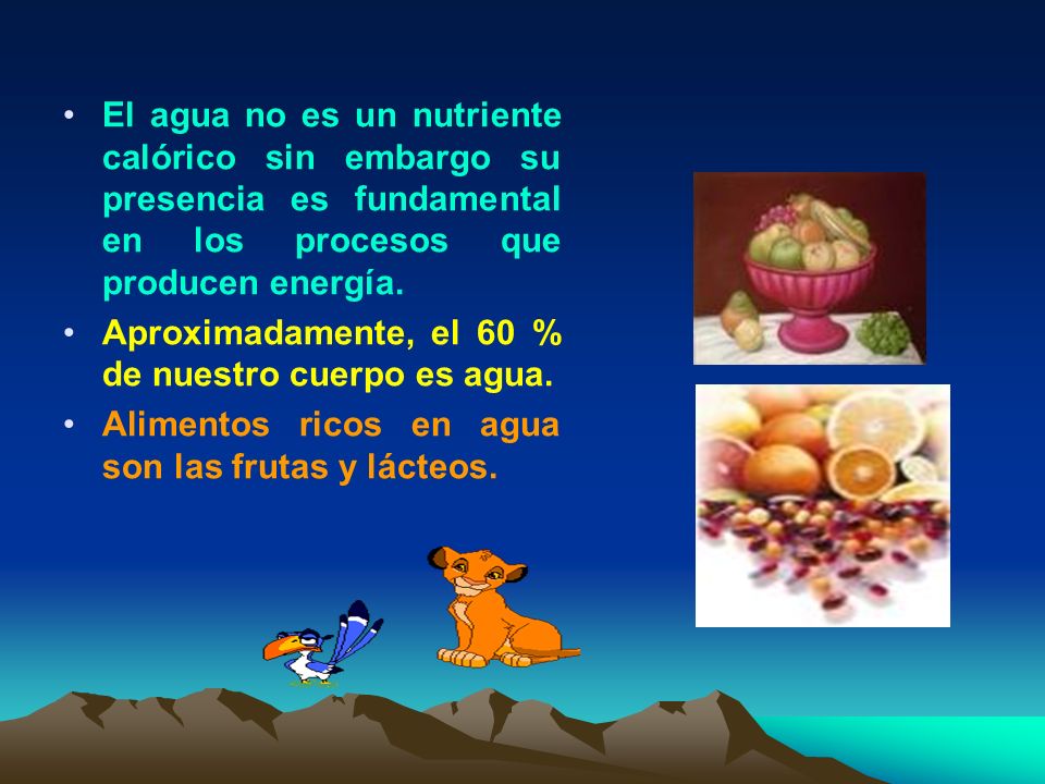 El agua no es un nutriente calórico sin embargo su presencia es fundamental en los procesos que producen energía.