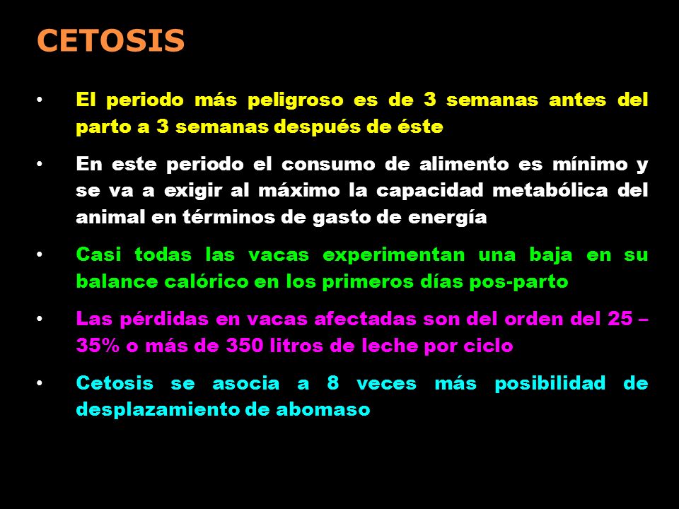 CETOSIS El periodo más peligroso es de 3 semanas antes del parto a 3 semanas después de éste.