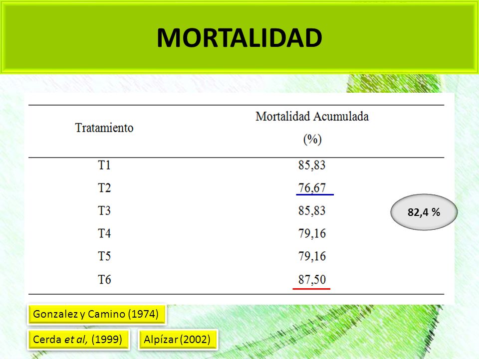 MORTALIDAD 82,4 % Gonzalez y Camino (1974) Cerda et al, (1999)