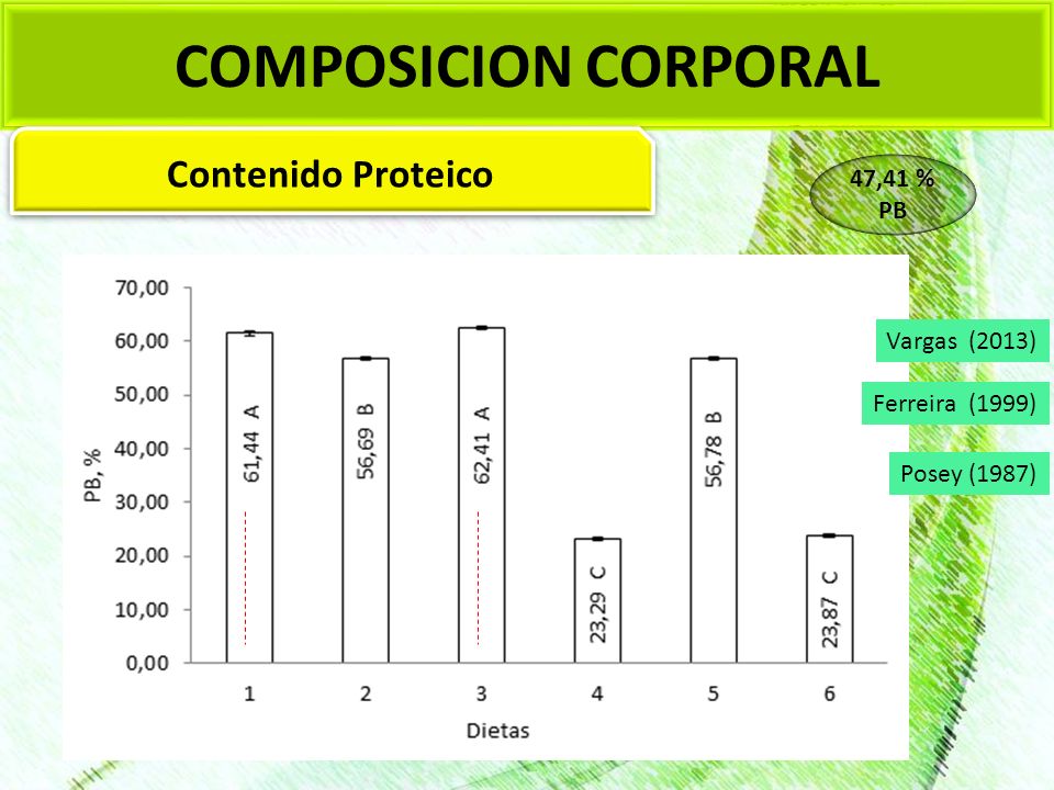 COMPOSICION CORPORAL Contenido Proteico 47,41 % PB Vargas (2013)