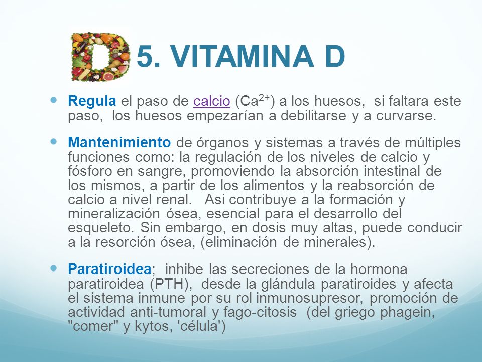 5. VITAMINA D Regula el paso de calcio (Ca2+) a los huesos, si faltara este paso, los huesos empezarían a debilitarse y a curvarse.