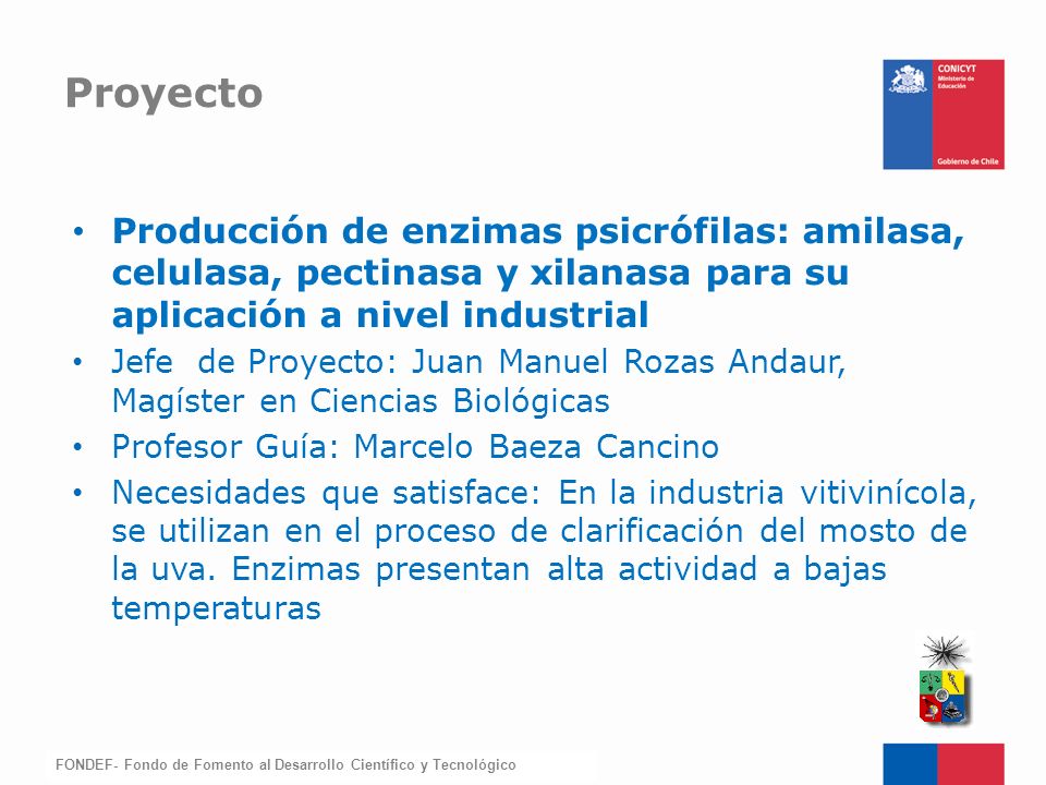 Proyecto Producción de enzimas psicrófilas: amilasa, celulasa, pectinasa y xilanasa para su aplicación a nivel industrial.