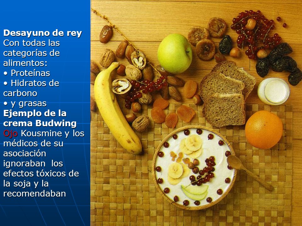 Desayuno de rey Con todas las categorías de alimentos: Proteínas. Hidratos de carbono. y grasas.