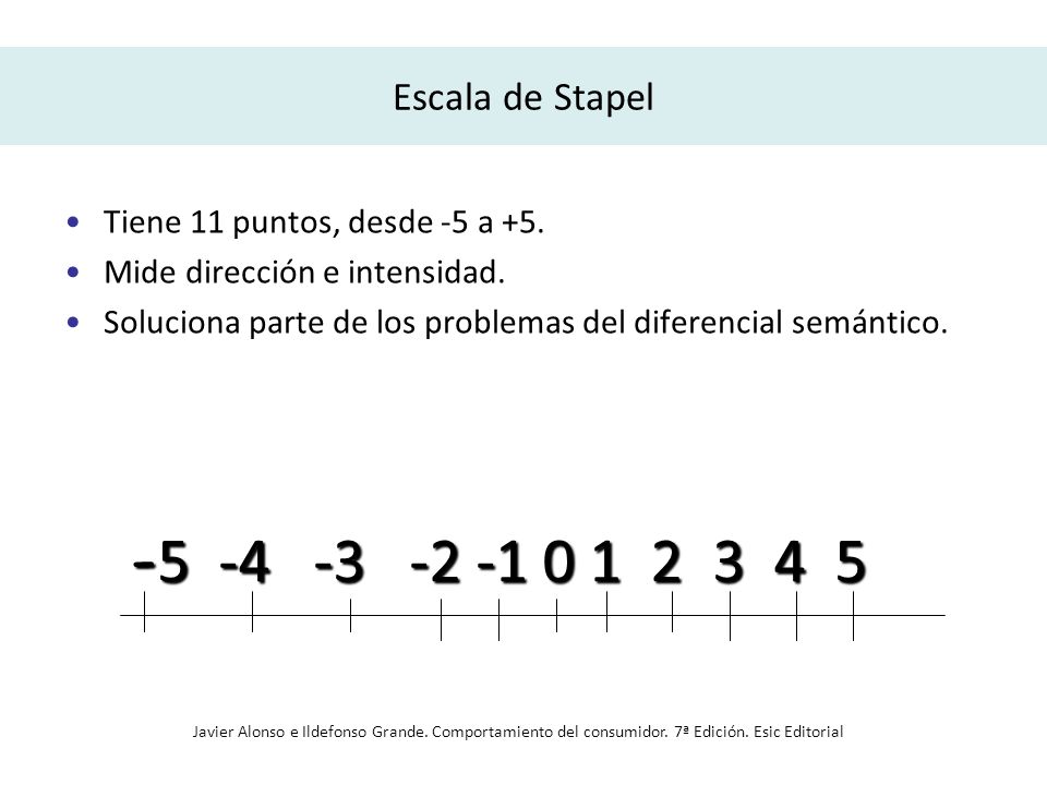 Escala de Stapel Tiene 11 puntos, desde -5 a +5. Mide dirección e intensidad. Soluciona parte de los problemas del diferencial semántico.