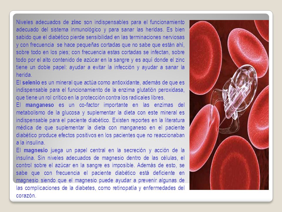 Niveles adecuados de zinc son indispensables para el funcionamiento adecuado del sistema inmunológico y para sanar las heridas. Es bien sabido que el diabético pierde sensibilidad en las terminaciones nerviosas y con frecuencia se hace pequeñas cortadas que no sabe que están ahí, sobre todo en los pies; con frecuencia estas cortadas se infectan, sobre todo por el alto contenido de azúcar en la sangre y es aquí donde el zinc tiene un doble papel: ayudar a evitar la infección y ayudar a sanar la herida.