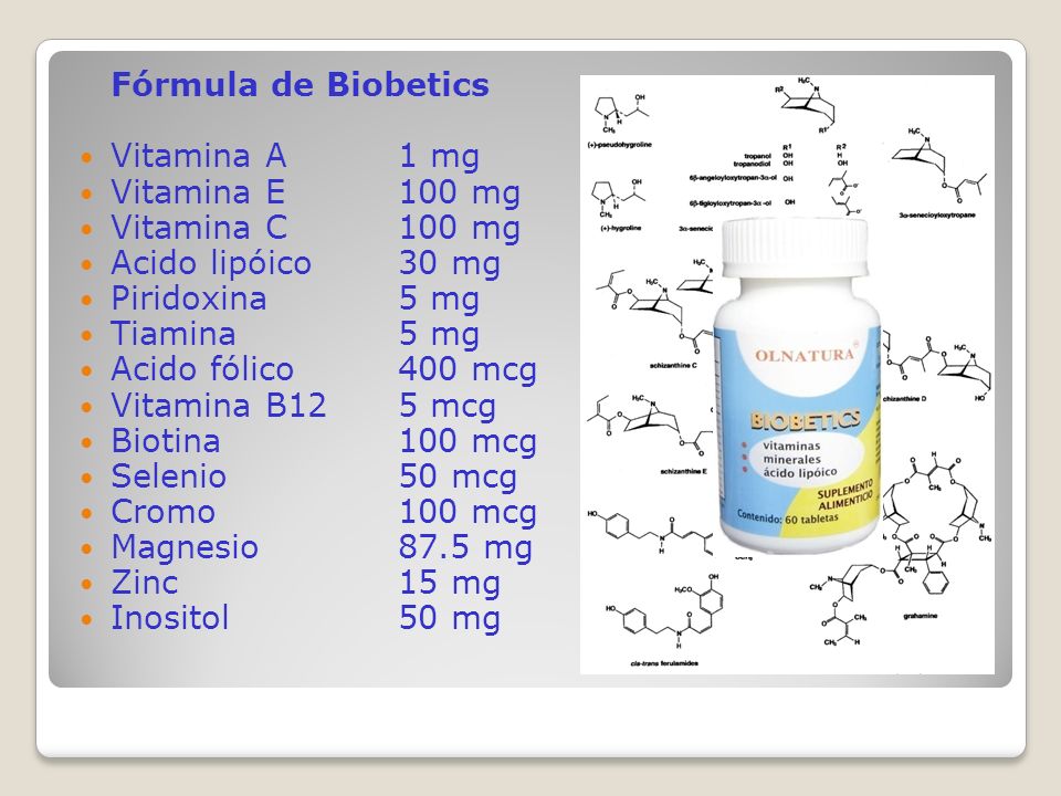 Fórmula de Biobetics Vitamina A 1 mg. Vitamina E 100 mg. Vitamina C 100 mg. Acido lipóico 30 mg.