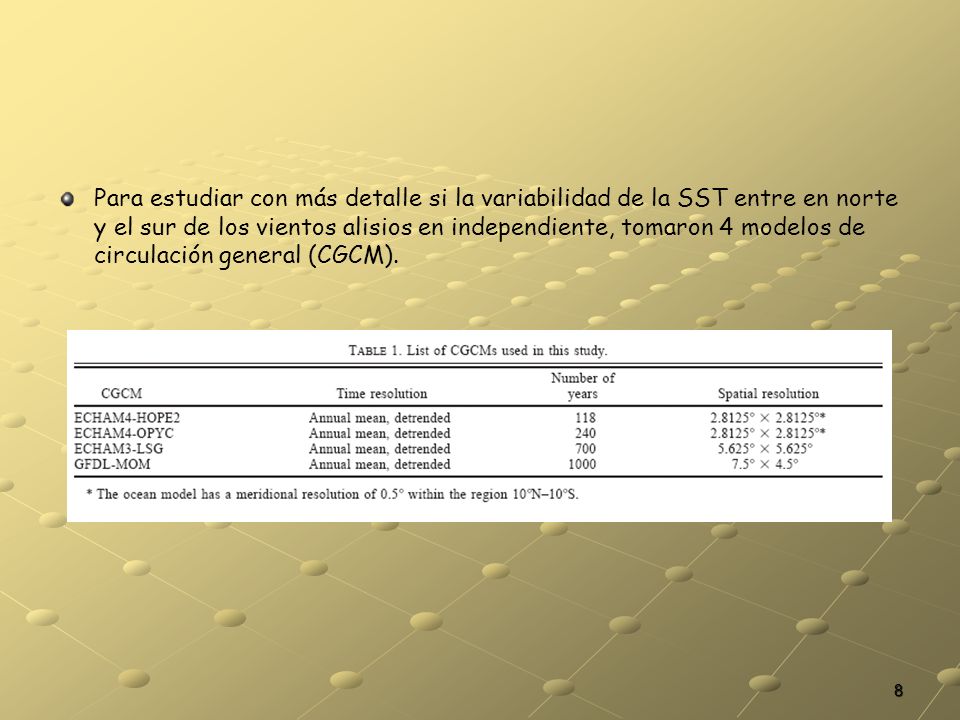 Para estudiar con más detalle si la variabilidad de la SST entre en norte y el sur de los vientos alisios en independiente, tomaron 4 modelos de circulación general (CGCM).