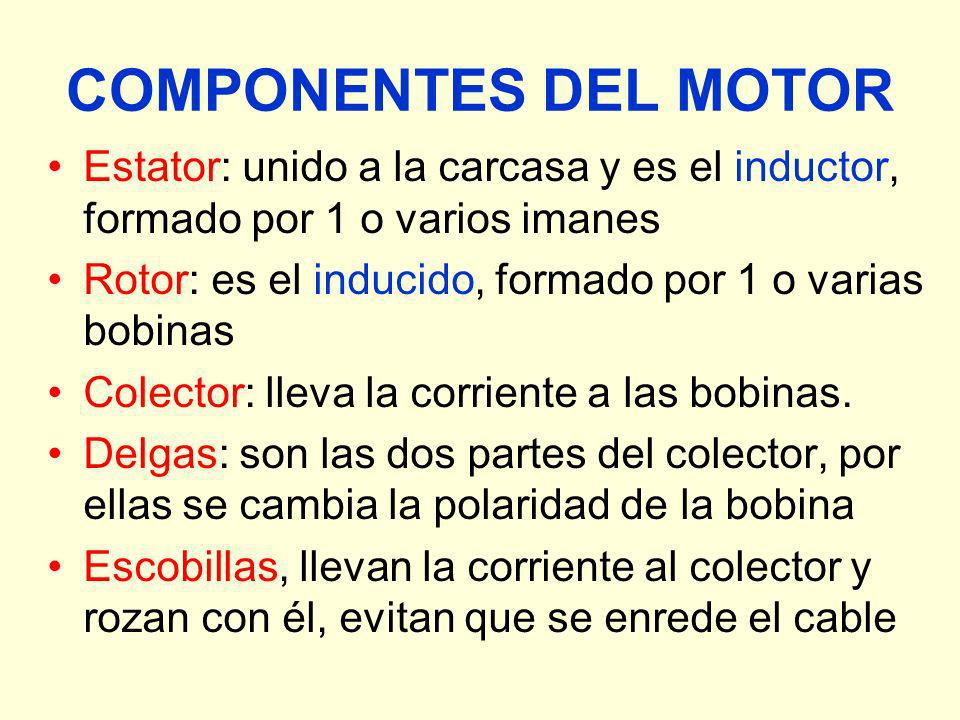 COMPONENTES DEL MOTOR Estator: unido a la carcasa y es el inductor, formado por 1 o varios imanes.