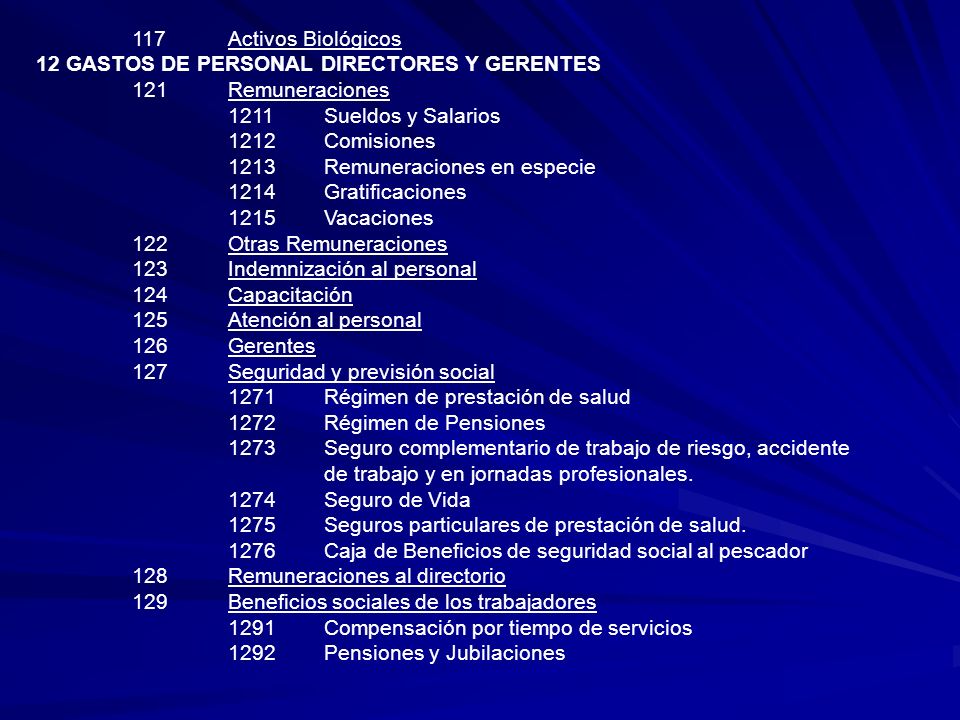 117 Activos Biológicos 12 GASTOS DE PERSONAL DIRECTORES Y GERENTES. 121 Remuneraciones Sueldos y Salarios.