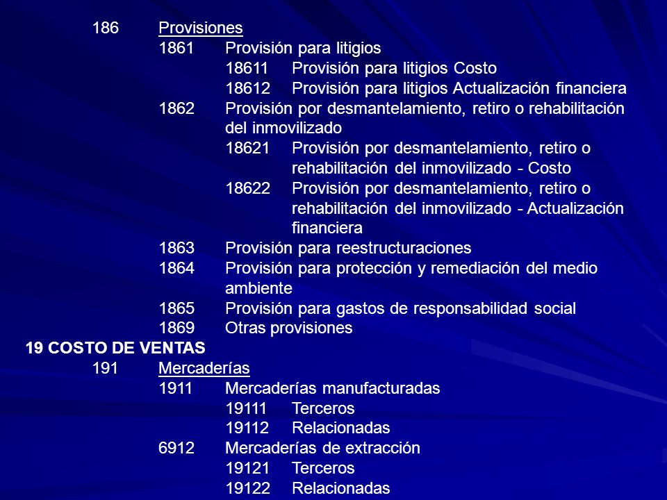 186 Provisiones 1861 Provisión para litigios Provisión para litigios Costo Provisión para litigios Actualización financiera.