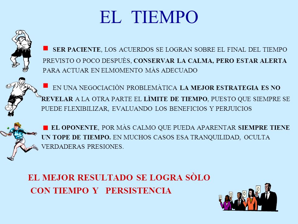 EL TIEMPO SER PACIENTE, LOS ACUERDOS SE LOGRAN SOBRE EL FINAL DEL TIEMPO. PREVISTO O POCO DESPUÈS, CONSERVAR LA CALMA, PERO ESTAR ALERTA.