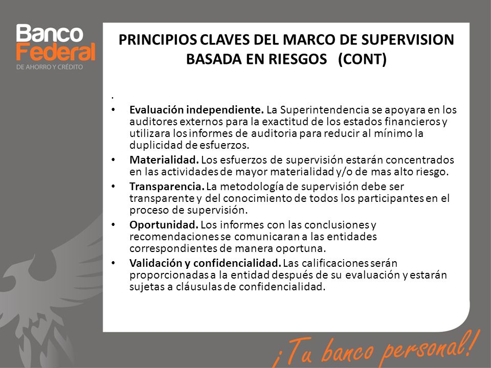 PRINCIPIOS CLAVES DEL MARCO DE SUPERVISION BASADA EN RIESGOS (CONT)