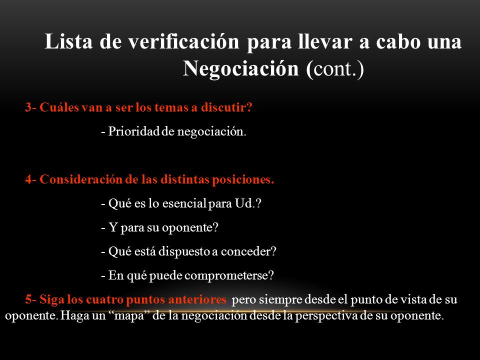 Lista de verificación para llevar a cabo una Negociación (cont.)