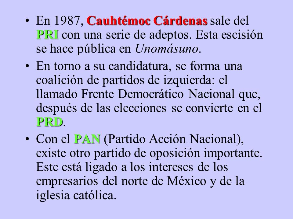 En 1987, Cauhtémoc Cárdenas sale del PRI con una serie de adeptos