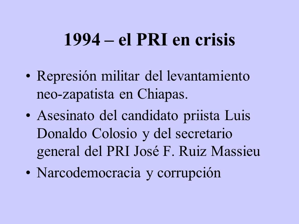 1994 – el PRI en crisis Represión militar del levantamiento neo-zapatista en Chiapas.