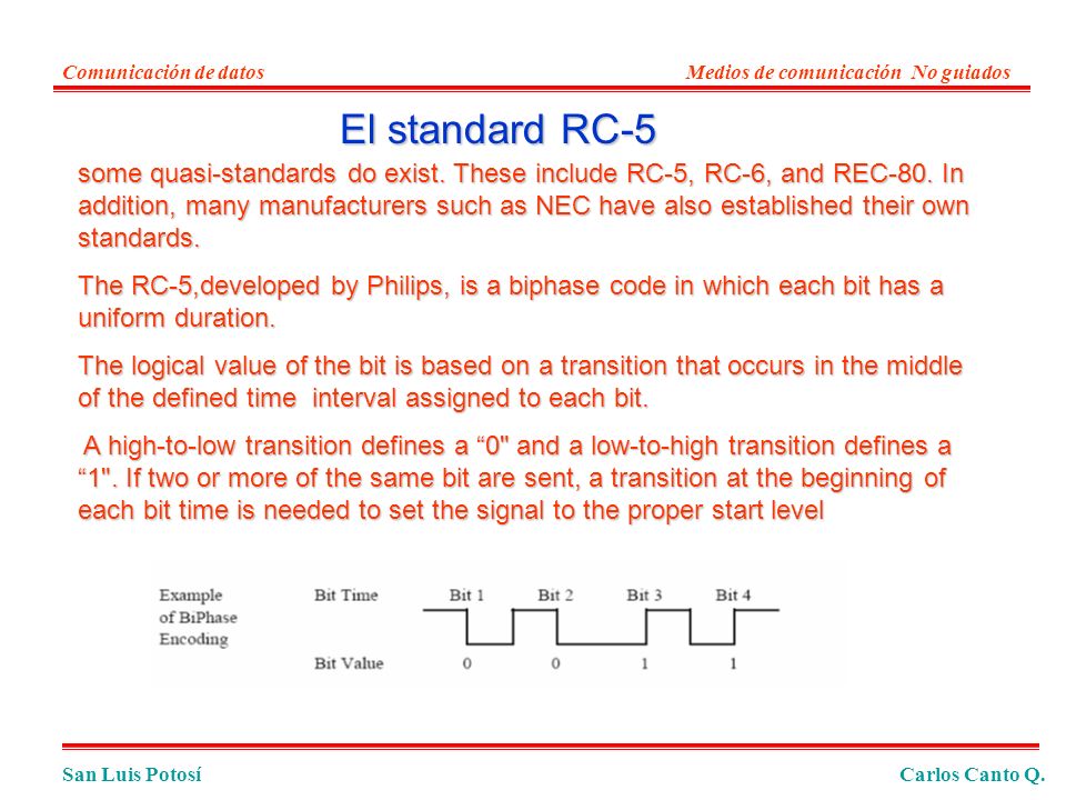 Comunicación de datos Medios de comunicación No guiados. El standard RC-5.