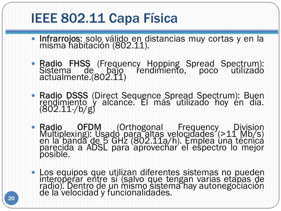 IEEE Capa Física Infrarrojos: solo válido en distancias muy cortas y en la misma habitación (802.11).
