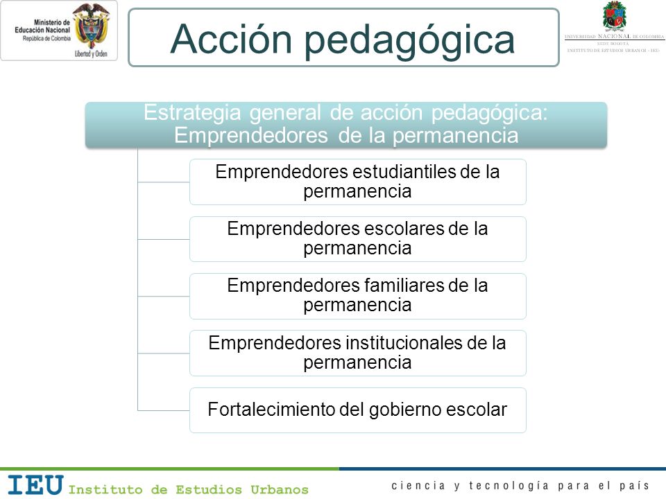 Acción pedagógica Estrategia general de acción pedagógica: Emprendedores de la permanencia. Emprendedores estudiantiles de la permanencia.
