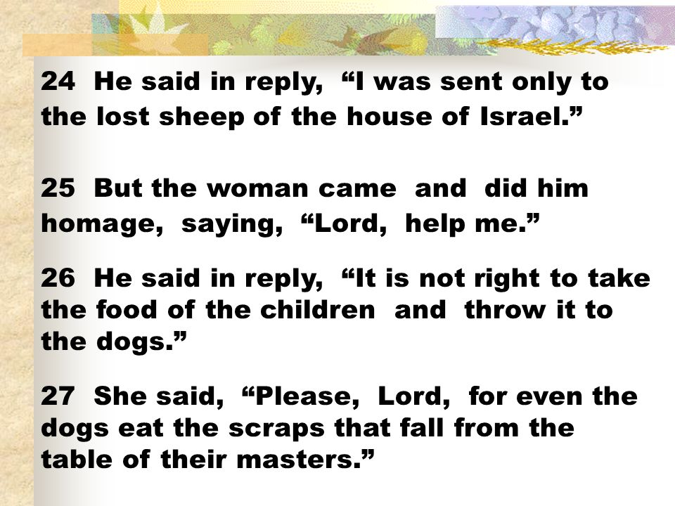 24 He said in reply, I was sent only to the lost sheep of the house of Israel.