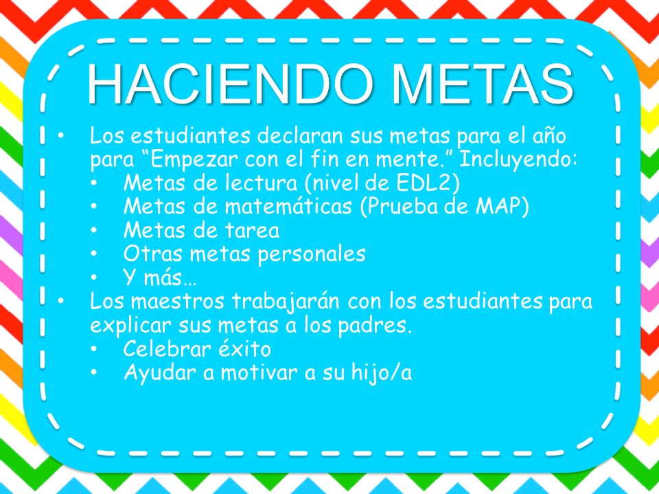 HACIENDO METAS Los estudiantes declaran sus metas para el año para Empezar con el fin en mente. Incluyendo: