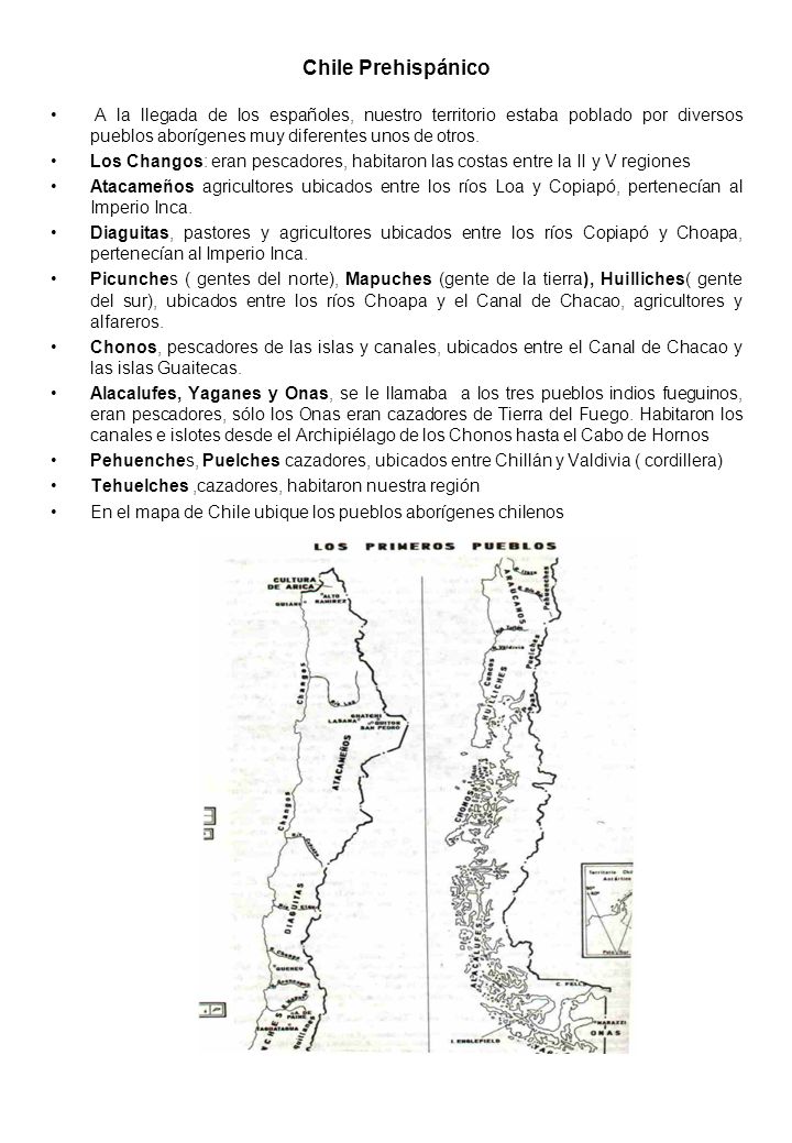 Chile Prehispánico A la llegada de los españoles, nuestro territorio estaba poblado por diversos pueblos aborígenes muy diferentes unos de otros.