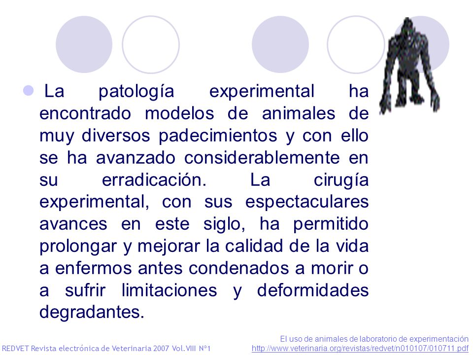 La patología experimental ha encontrado modelos de animales de muy diversos padecimientos y con ello se ha avanzado considerablemente en su erradicación. La cirugía experimental, con sus espectaculares avances en este siglo, ha permitido prolongar y mejorar la calidad de la vida a enfermos antes condenados a morir o a sufrir limitaciones y deformidades degradantes.
